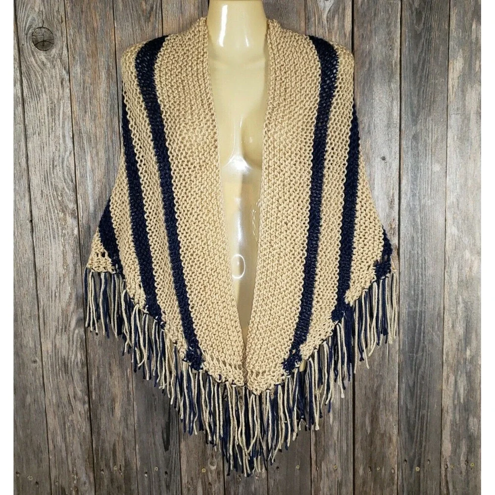 NEW Blue Beige Hand Knitted Shawl Wrap Scarf Boho Hippie‎ Coastal Indie Artsy